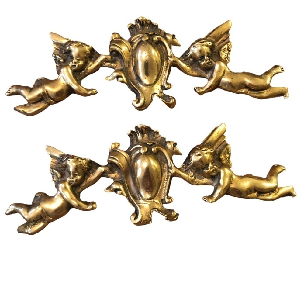 VTG Brass Angel Medallion Decorative Trim Door Dresser  6”X3” Revival Rococo